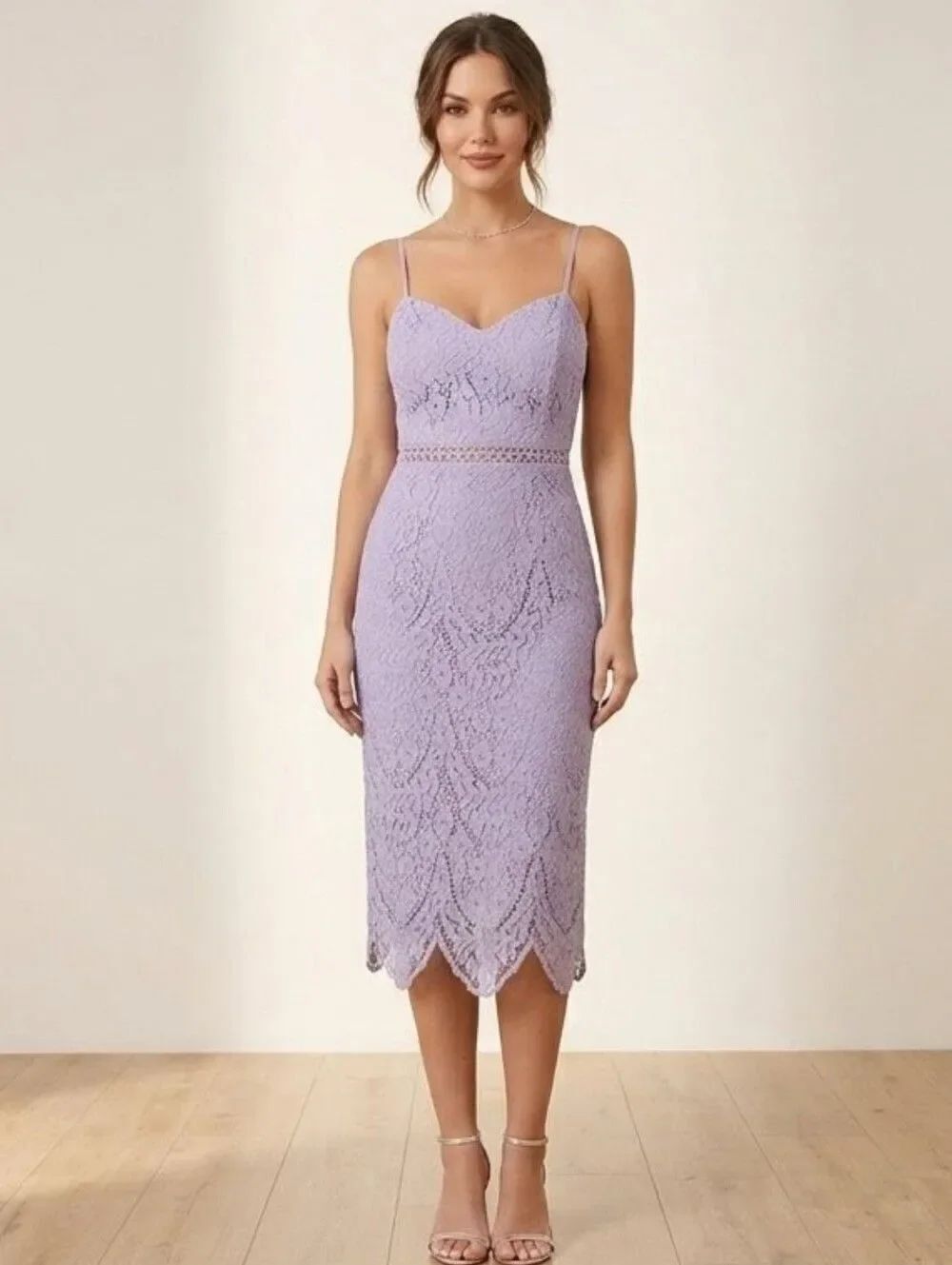 SAYLOR Lavender Lace Cami Midi Dress Crochet Waist Back Slit Size S